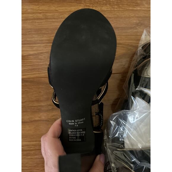 Colin Stuart Black Platform Stiletto Pumps Black Gold Ruffled Tie Up New 7.5 - Picture 7 of 8